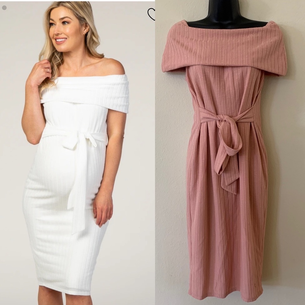 Pinkblush Pink Ribbed Off Shoulder Maternity Dress